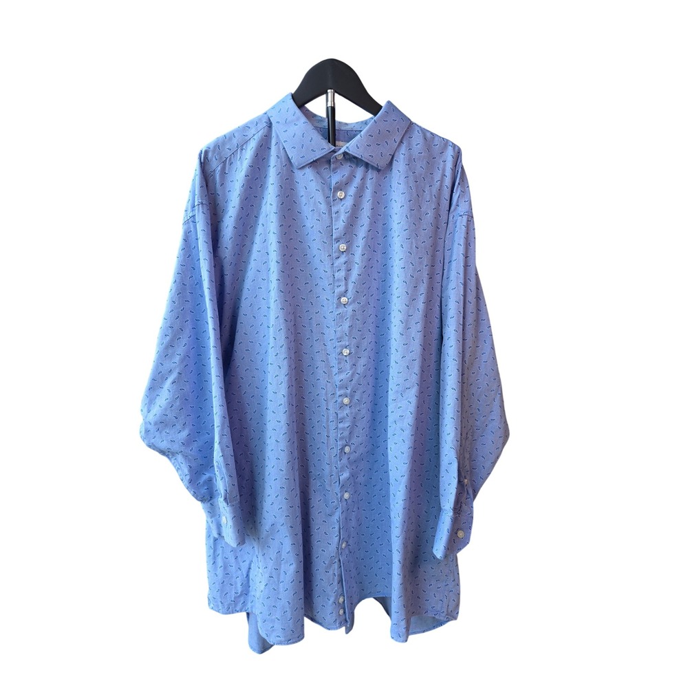Michael Straham BIG & TALL Collar Dress Shirt Blue Paisley Long Sleeve 20 34/35